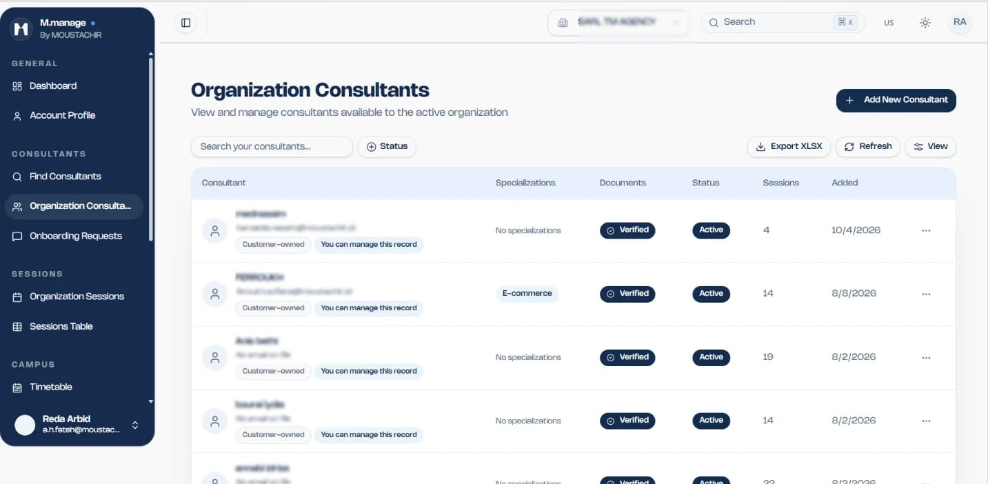 M.manage screen listing the organization’s consultants with their status and session count