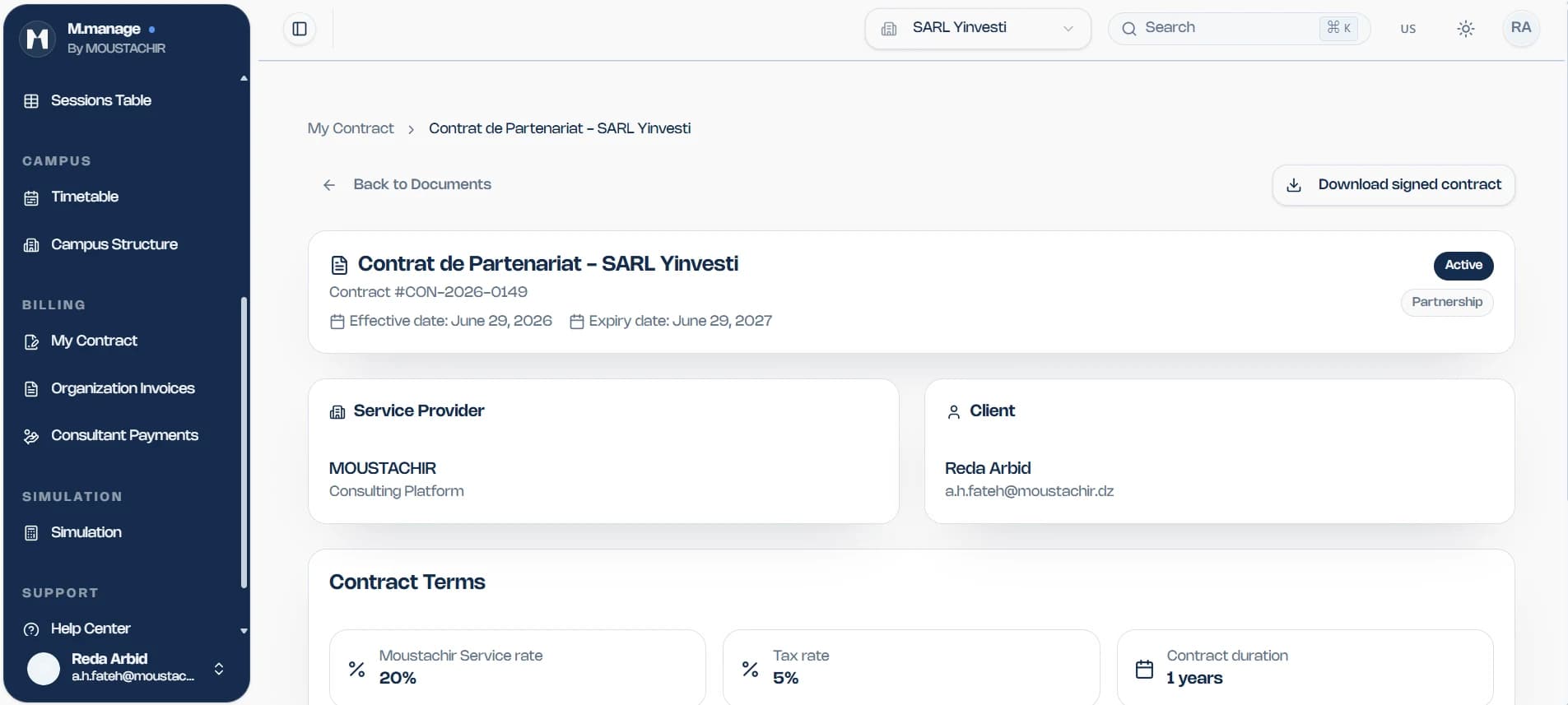 M.manage partnership contract page with its status, parties, and terms