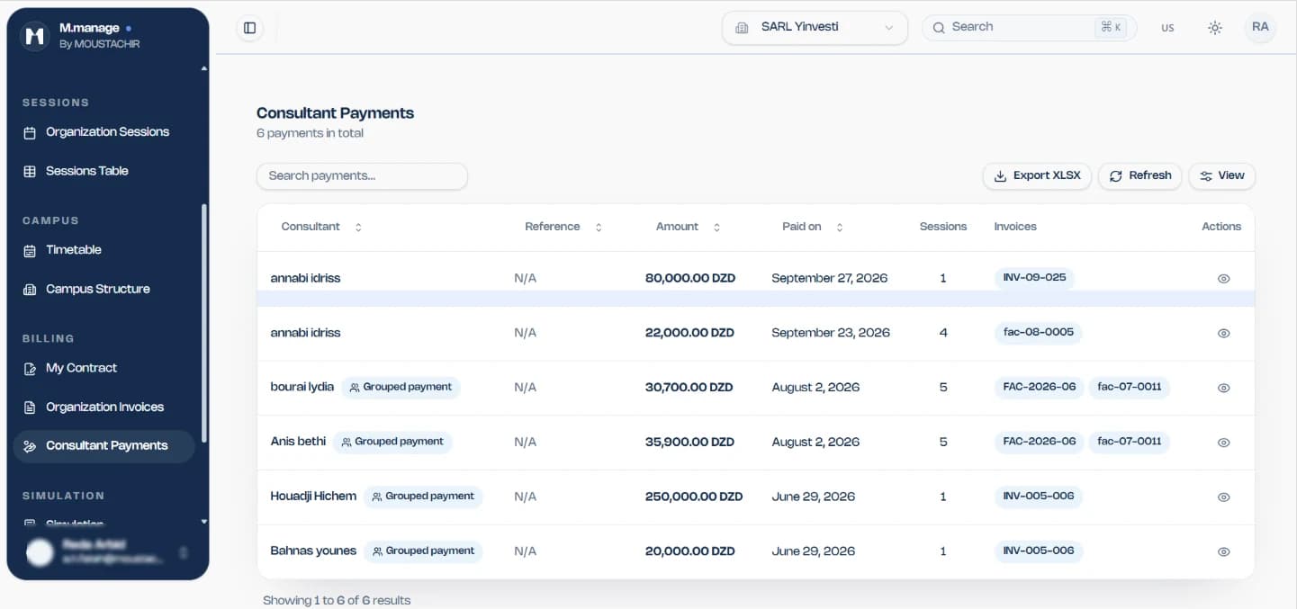 M.manage list of consultant payments with amounts in DZD and linked invoices