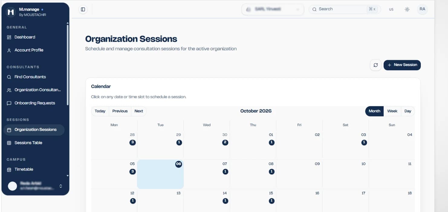 M.manage monthly calendar of the organization’s sessions
